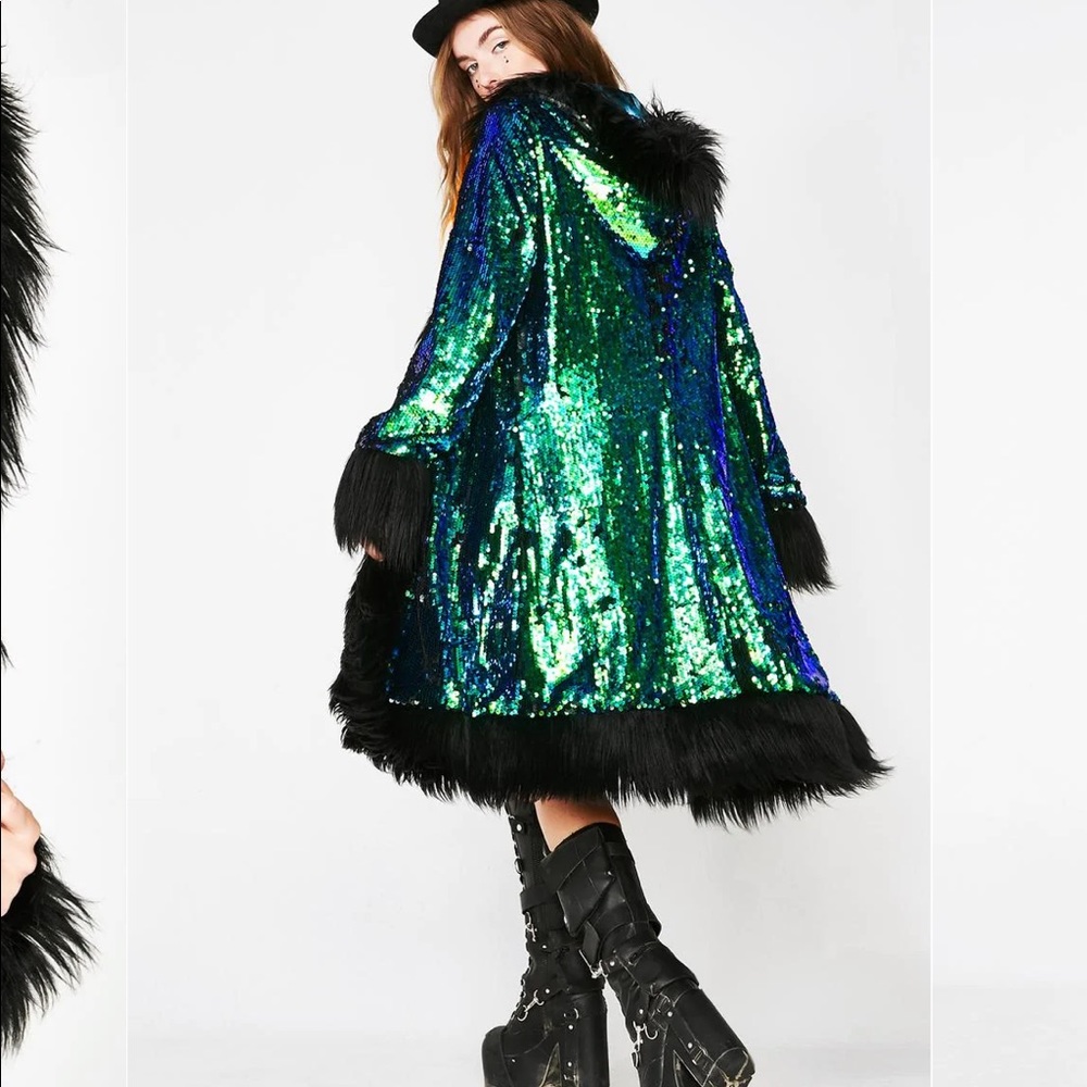 Reversible sequin blue green black faux fur jacket - burning man festival